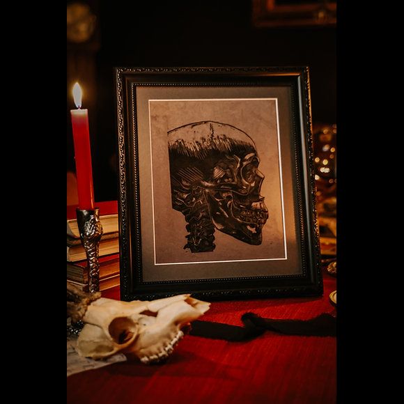 Framed velvet skull Lino Print