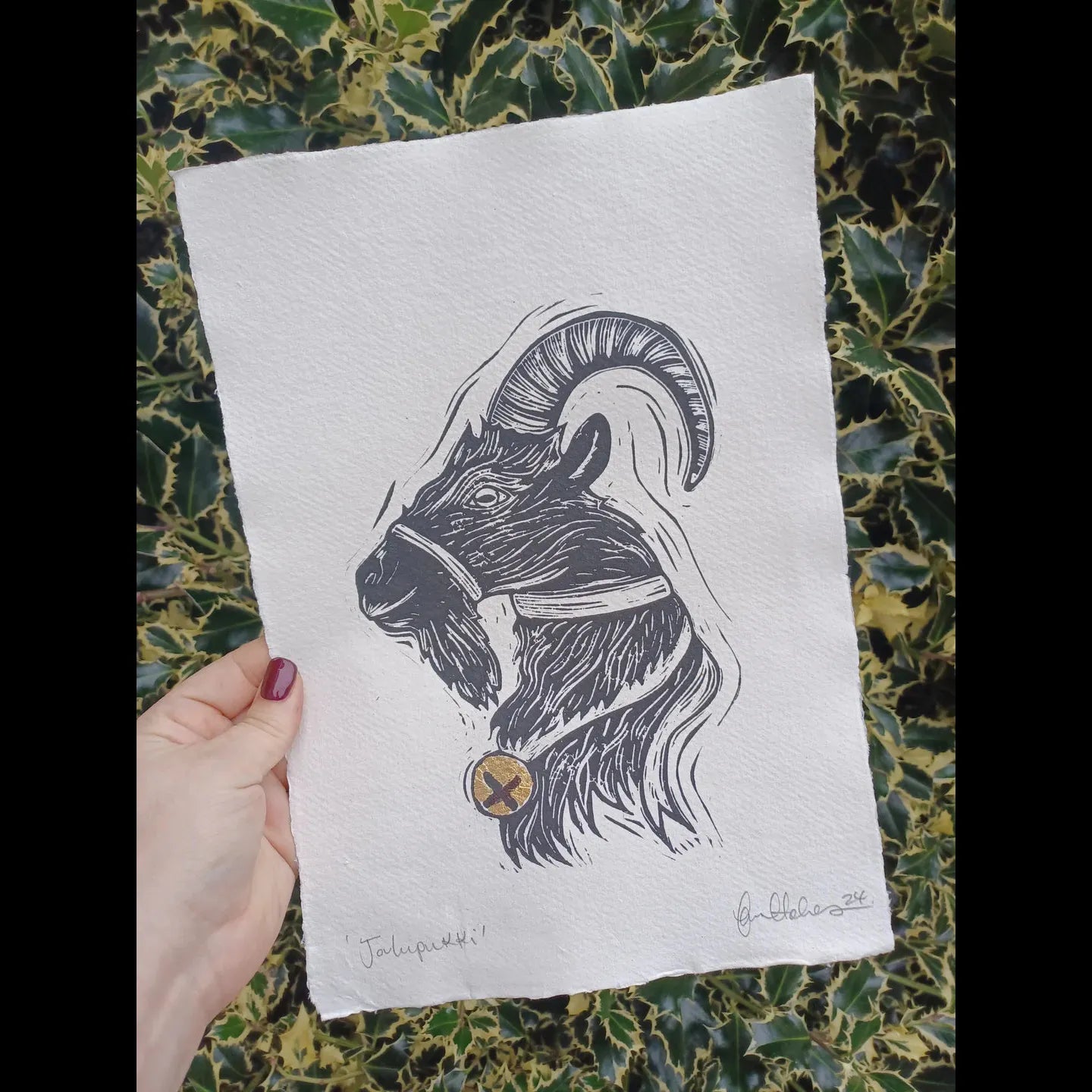 Joulupukki Gold Leaf A4 Linoprint
