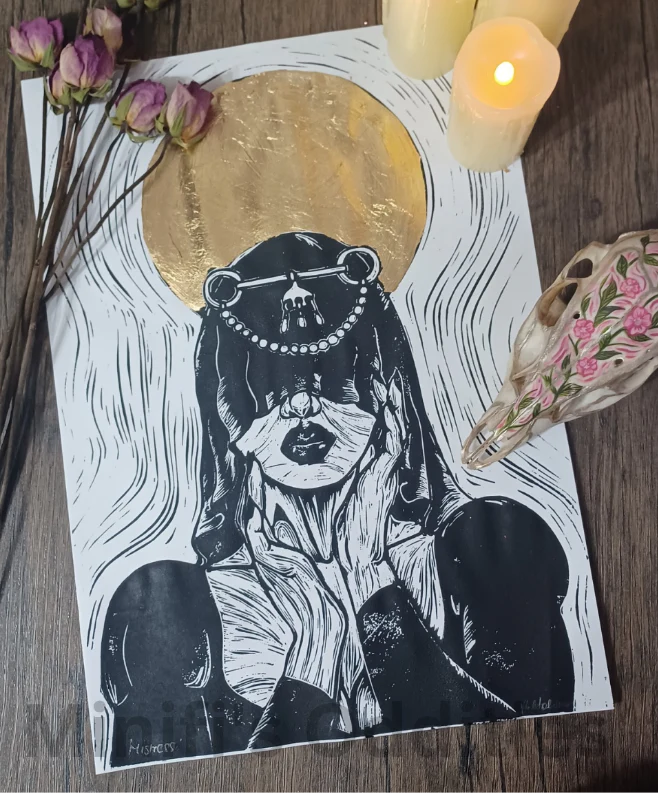 Mistress With Gold Embellishment - A3 Lino Print