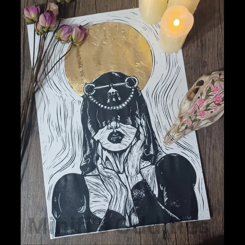 Mistress With Gold Embellishment - A3 Lino Print