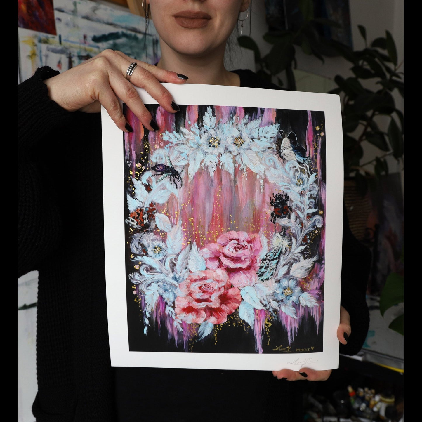 Pink Roses - Hand-Embellished Print
