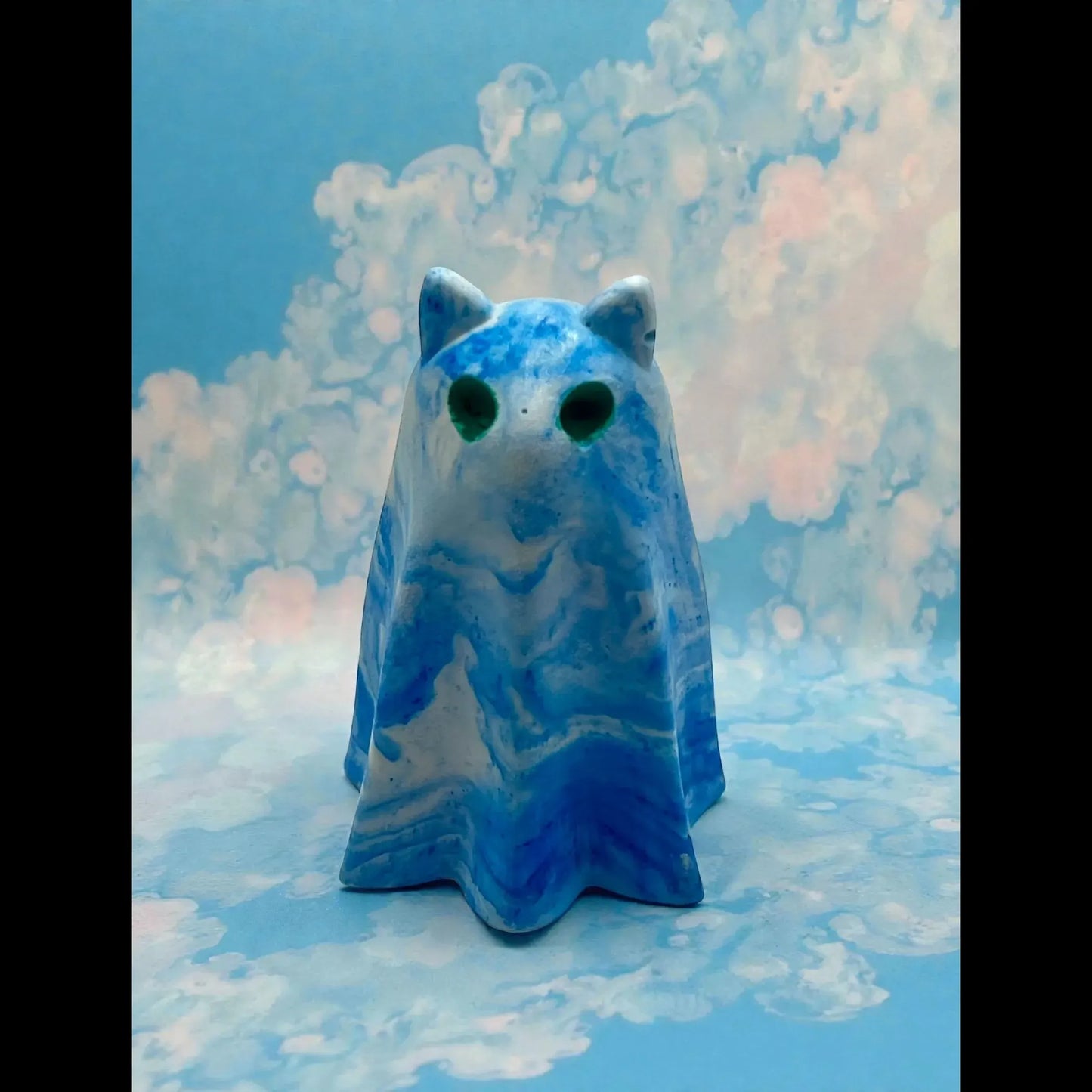 Handmade Blue & White Swirl Cat Ghost Figurine