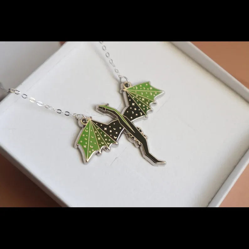 Green and Black Dragon 16inch Silver Necklace