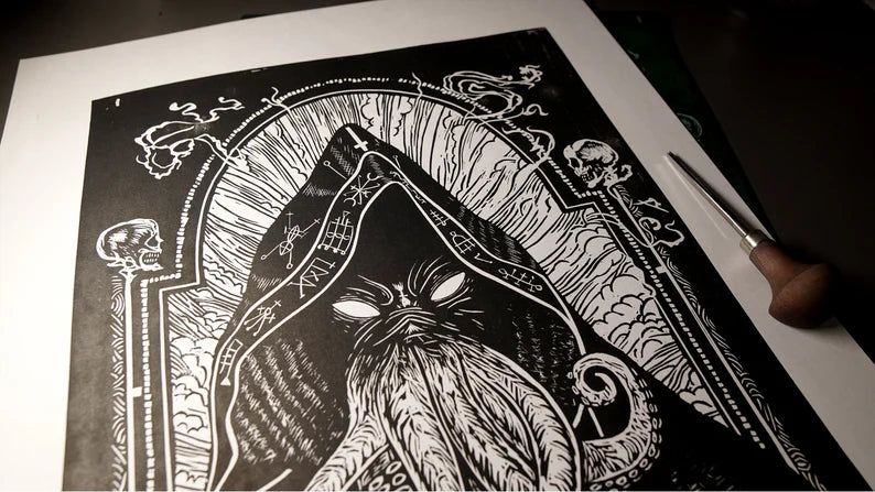 Cthulhu, Original Linocut Print, Hand-Carved, Hand-Printed - Lovecraft Inspired Art