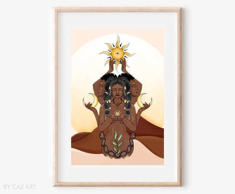 Sun, Moon & Rising Goddess Art - A4 Print