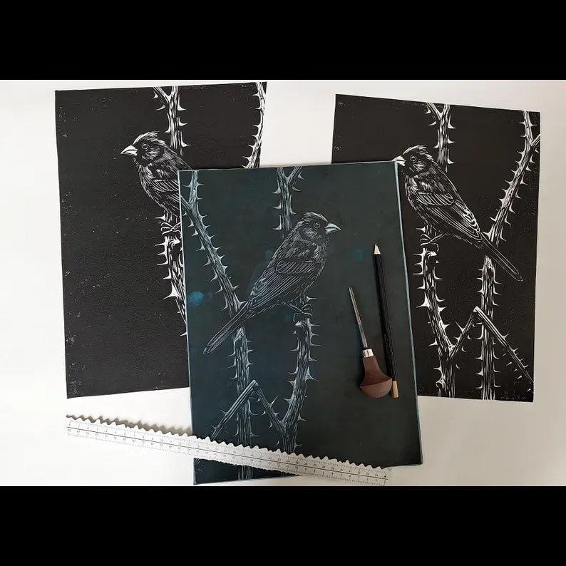 Bird Linocut Print: Limited Edition Handmade Art - 'Prickly Perch'