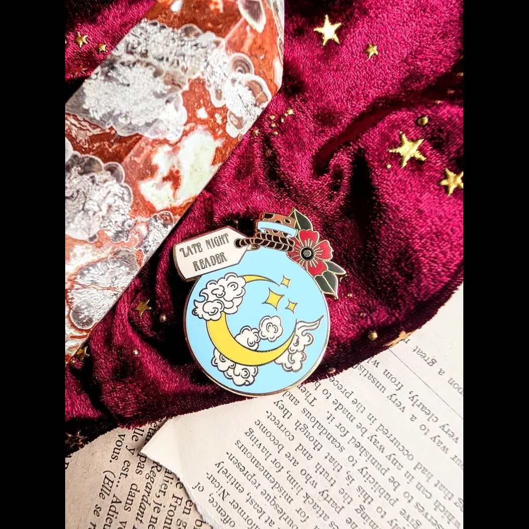 Late Night Reader Moon Enamel Pin Badge