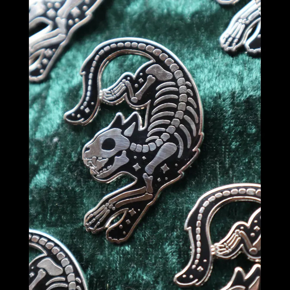 Silver Skeleton Cat Enamel Pin