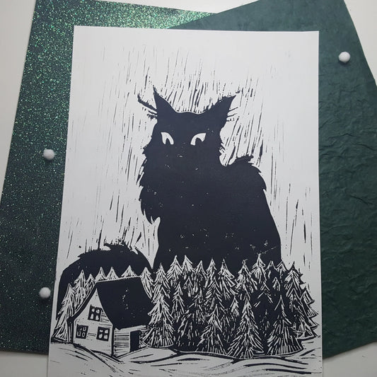 Yule Cat - A4 Lino Print