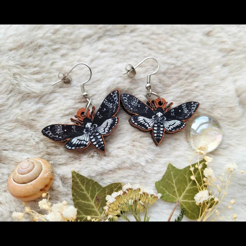 Death Hawk Moth Wooden Earrings