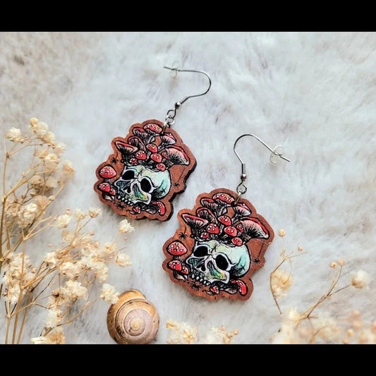 Mushroom Skull Wooden Earrings