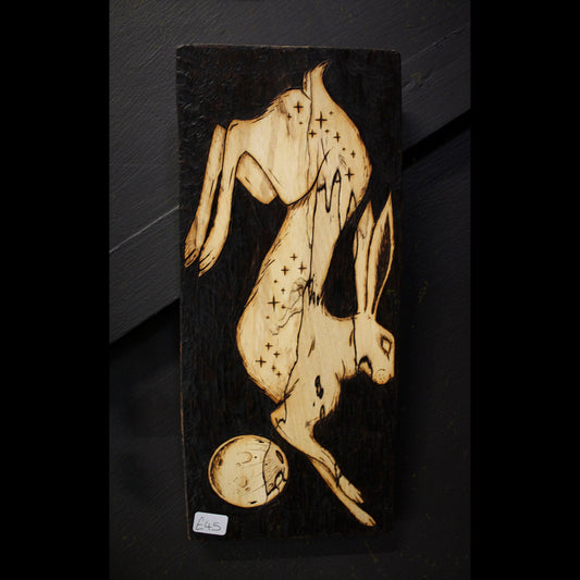 Hare and Moon Pyrography Wall Hanging