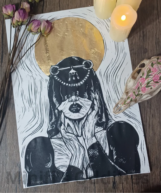 Mistress With Gold Embellishment - A3 Lino Print