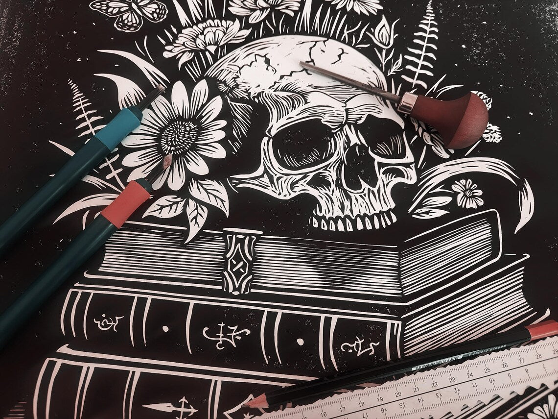Skull & Flowers Linocut Print: Limited Edition Botanic Arcana Handmade Art