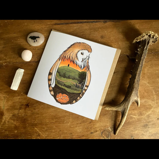 The Owl and Glastonbury Tor Greetings Card