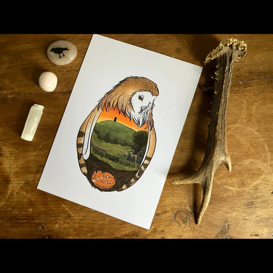 The Owl and Glastonbury Tor A5 Print