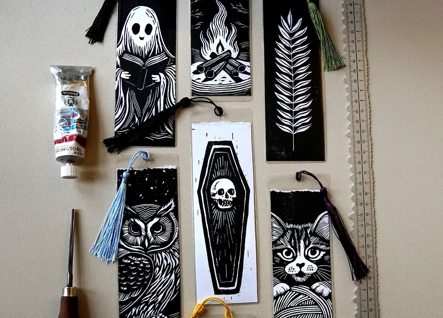 Linocut Bookmarks: Spooky Gothic Book Accessory, 8 Limited Edition Designs