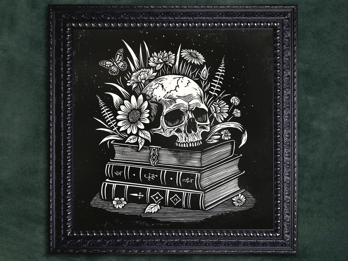 Skull & Flowers Linocut Print: Limited Edition Botanic Arcana Handmade Art