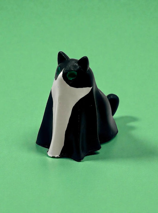 Hand-Painted Black & White Tuxedo Cat Ghost Figurine