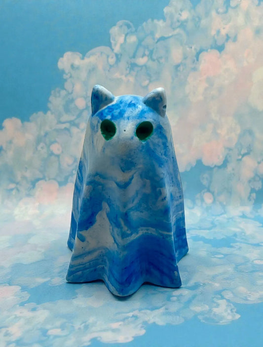 Handmade Blue & White Swirl Cat Ghost Figurine