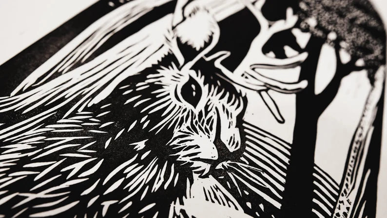 Jackalope Linocut Print: Limited Edition Cryptid Art