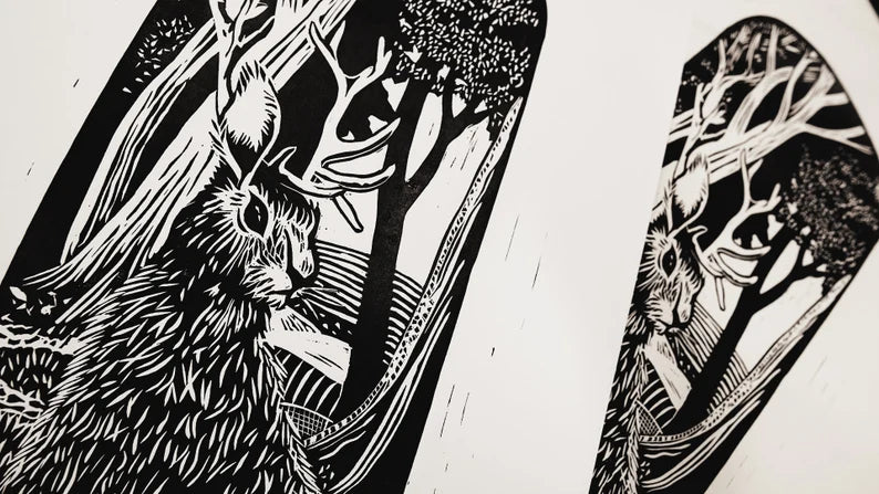 Jackalope Linocut Print: Limited Edition Cryptid Art