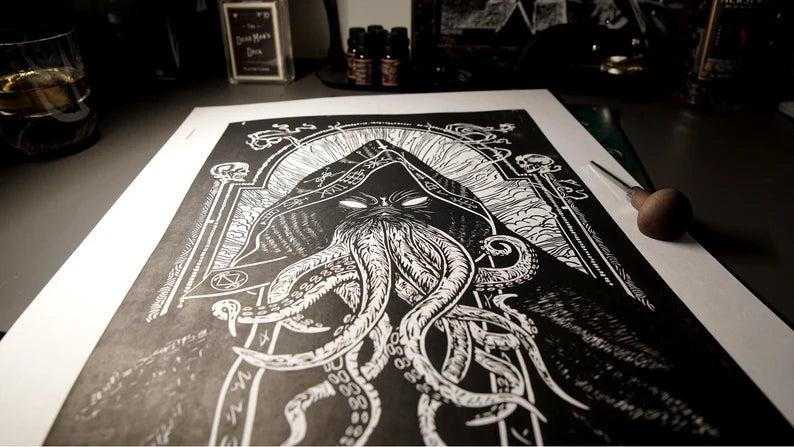 Cthulhu, Original Linocut Print, Hand-Carved, Hand-Printed - Lovecraft Inspired Art