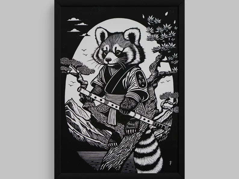 Red Panda in a Kimono Linocut Print: Limited Edition Handmade Art