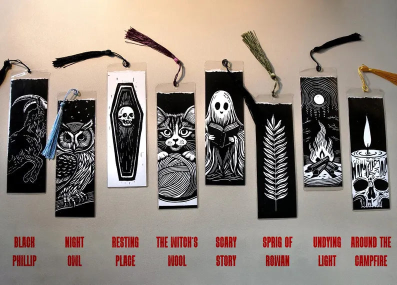 Linocut Bookmarks: Spooky Gothic Book Accessory, 8 Limited Edition Designs
