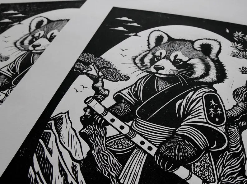Red Panda in a Kimono Linocut Print: Limited Edition Handmade Art