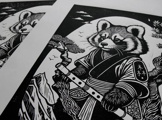 Red Panda in a Kimono Linocut Print: Limited Edition Handmade Art