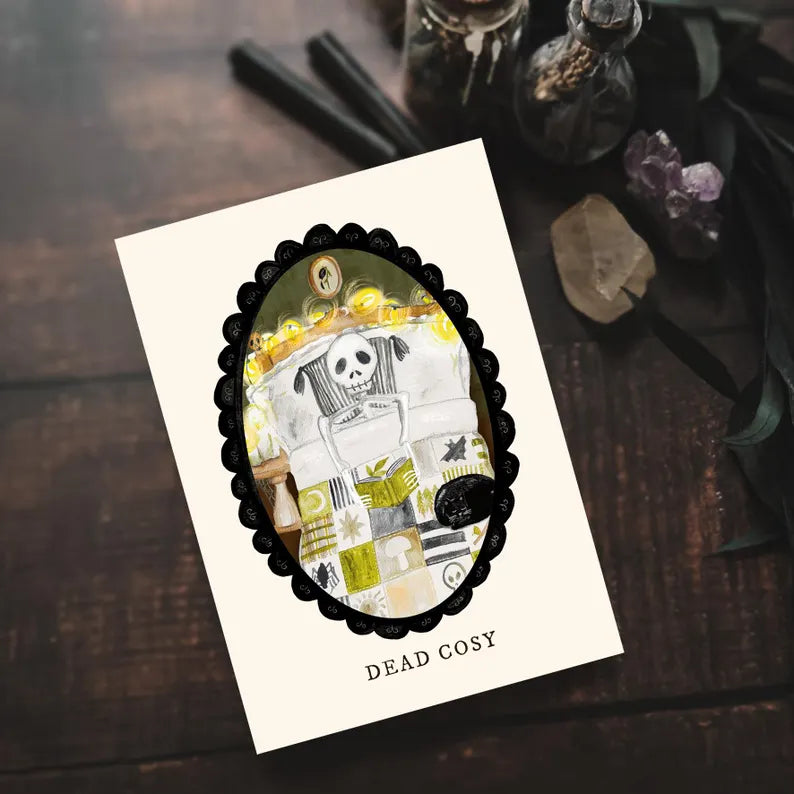 Dead Cosy Skeleton In Bed A5 Illustrated Art Print