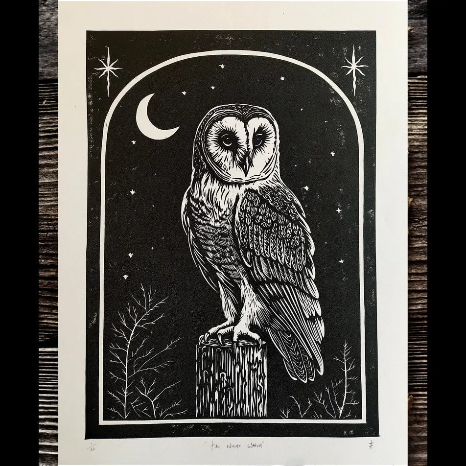 Barn Owl Linocut Print: Limited Edition Original Art, The Night Watch