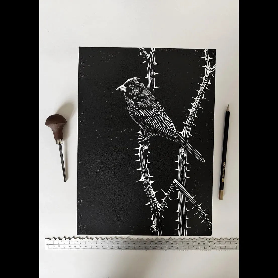 Bird Linocut Print: Limited Edition Handmade Art - 'Prickly Perch'