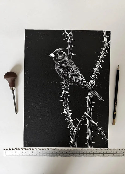 Bird Linocut Print: Limited Edition Handmade Art - 'Prickly Perch'