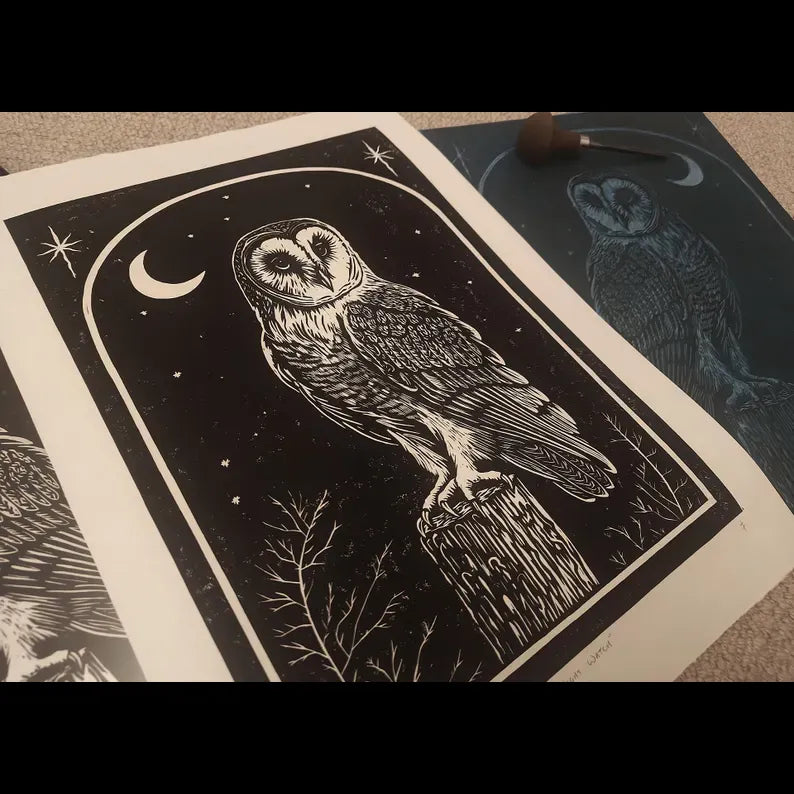 Barn Owl Linocut Print: Limited Edition Original Art, The Night Watch