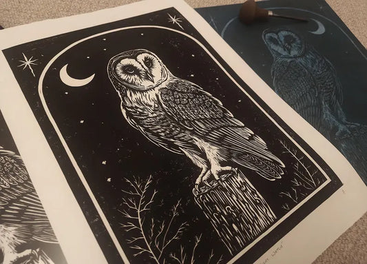 Barn Owl Linocut Print: Limited Edition Original Art, The Night Watch
