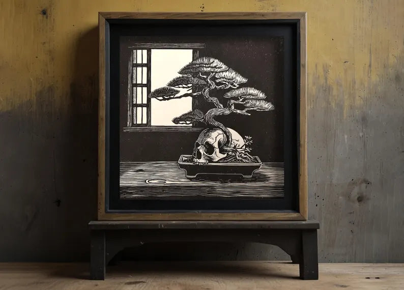 Bonsai Skull Linocut Print: Japanese Gothic Art, Limited Edition