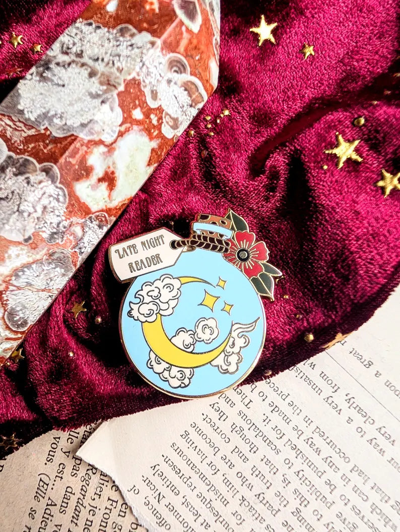 Late Night Reader Moon Enamel Pin Badge
