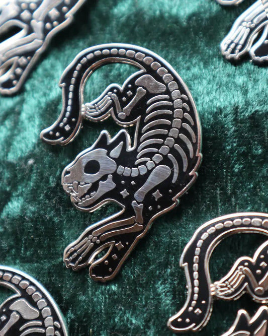 Silver Skeleton Cat Enamel Pin