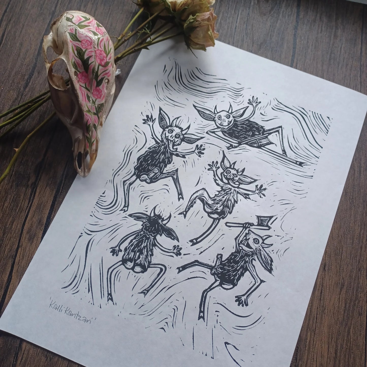 Kallikantzani - A4 Lino Print